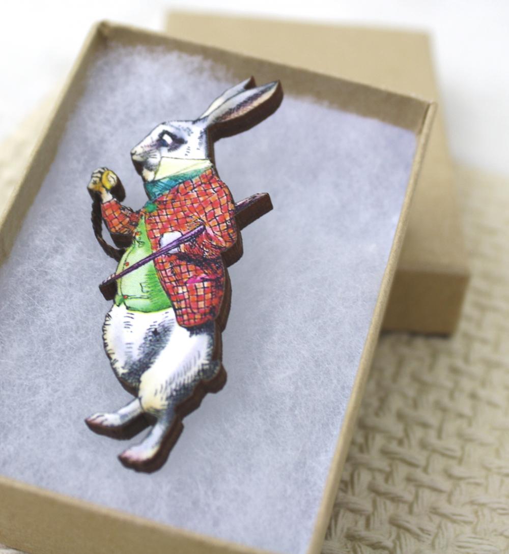 Alice In Wonderland Pin Brooch Mr. Rabbit Wooden