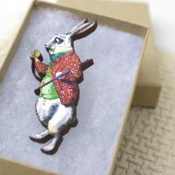 Alice in Wonderland Pin Brooch Mr. Rabbit Wooden